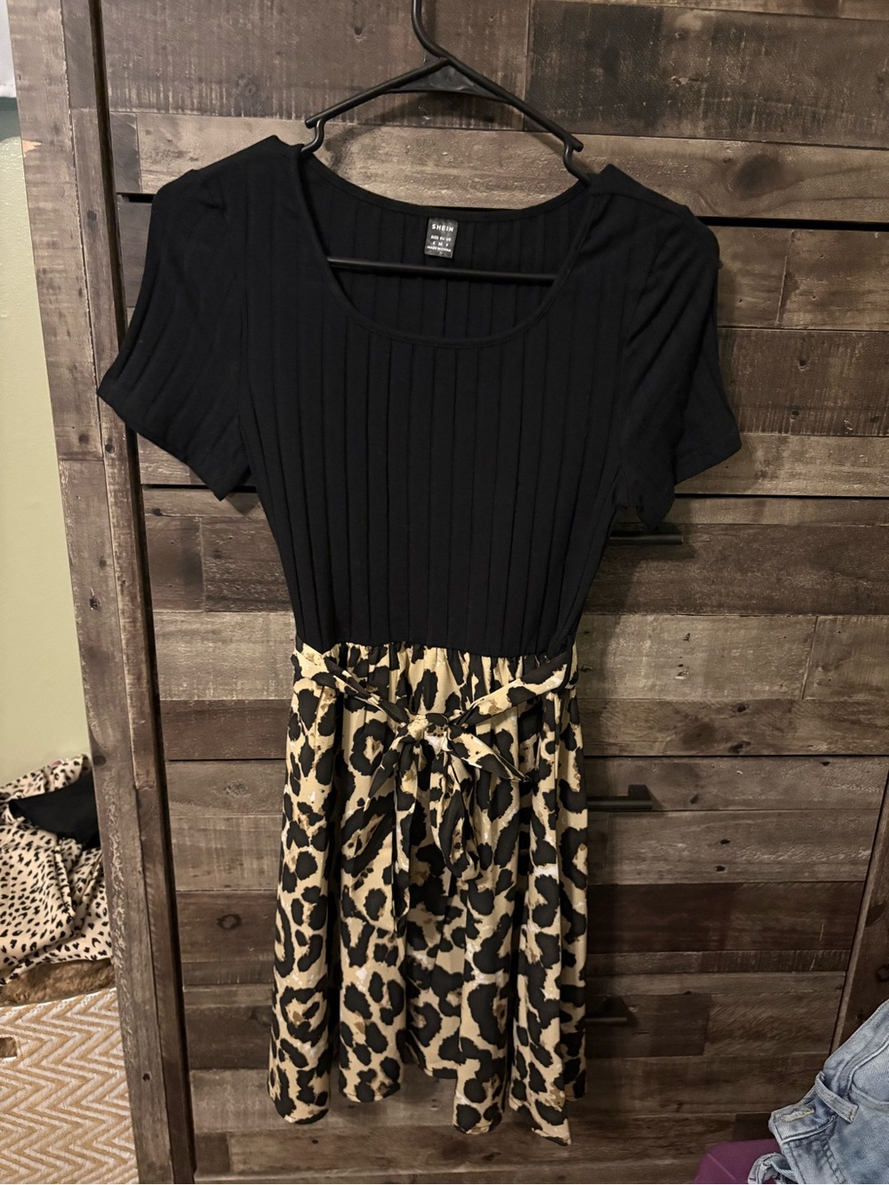 SHEIN Black Ribbed Top with Leopard Print Skirt Dress